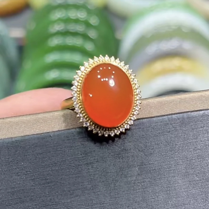 保山南红河湾冰红戒指18K金镶嵌