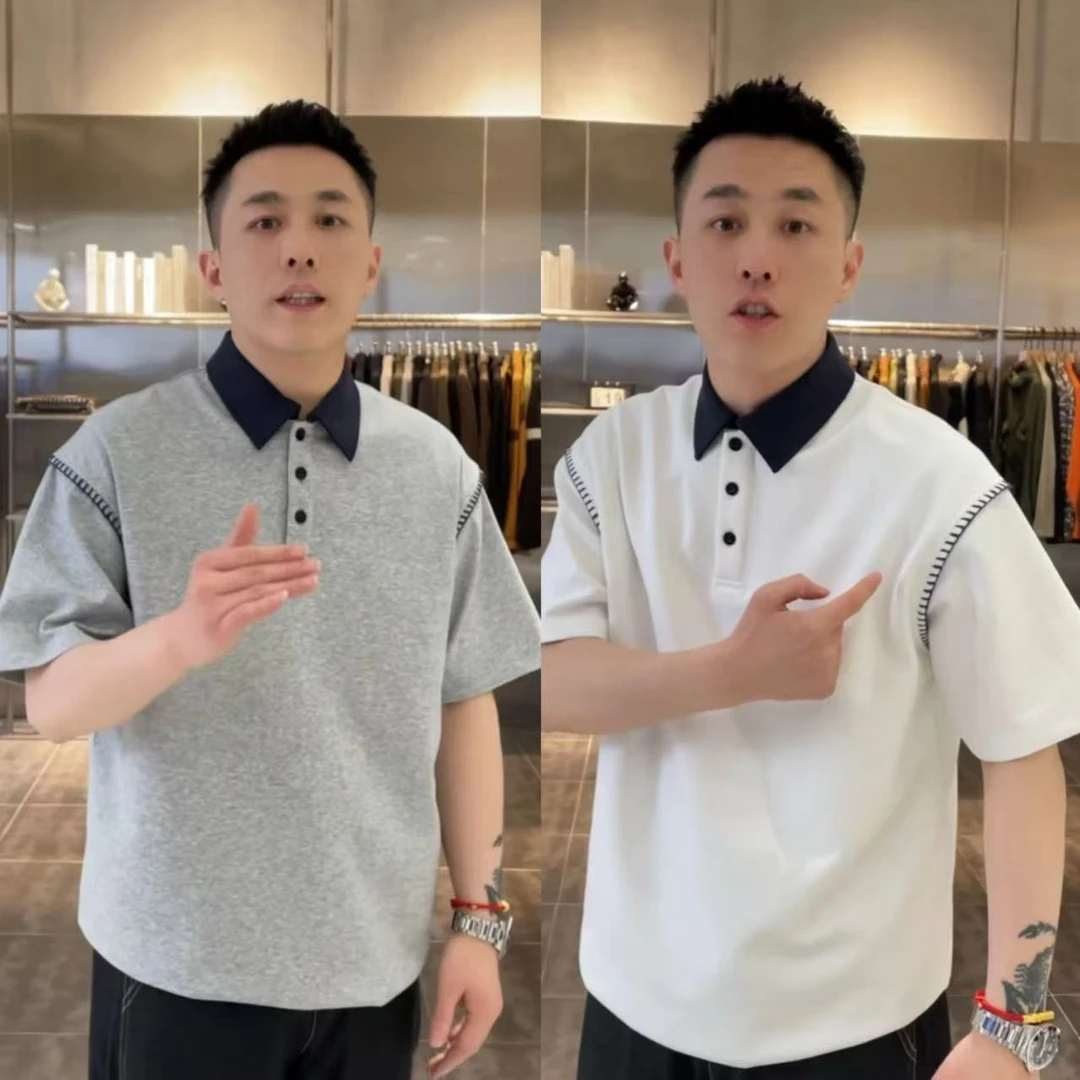 夏季新款明线拼接翻领polo衫短袖男简约高档时尚宽松百搭休闲半袖
