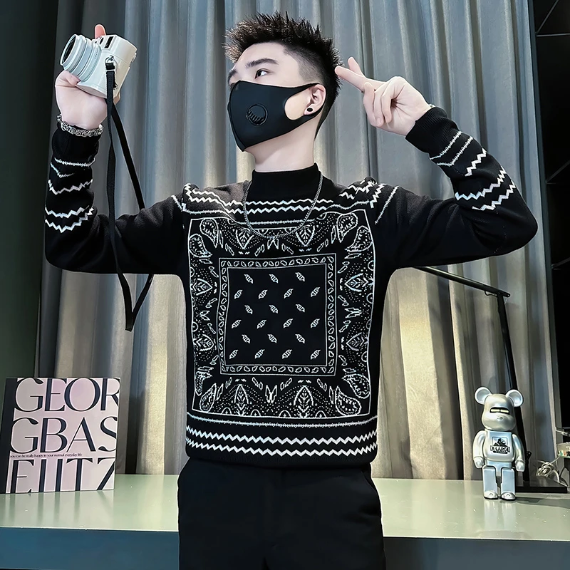 民族风提花毛衣男款秋冬季长袖内搭打底衫2025新款半高领针织线衣