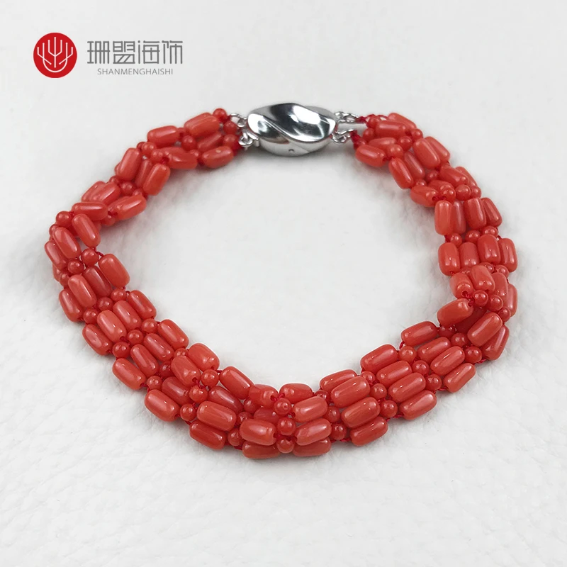 红珊瑚手串沙丁编织直管圆珠珊瑚手链天然宝石珊瑚