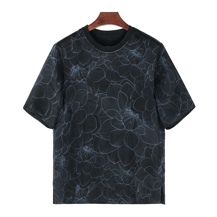 88631 男士T恤双面穿桑蚕丝素平缎香云纱夏季中式复古休闲短袖