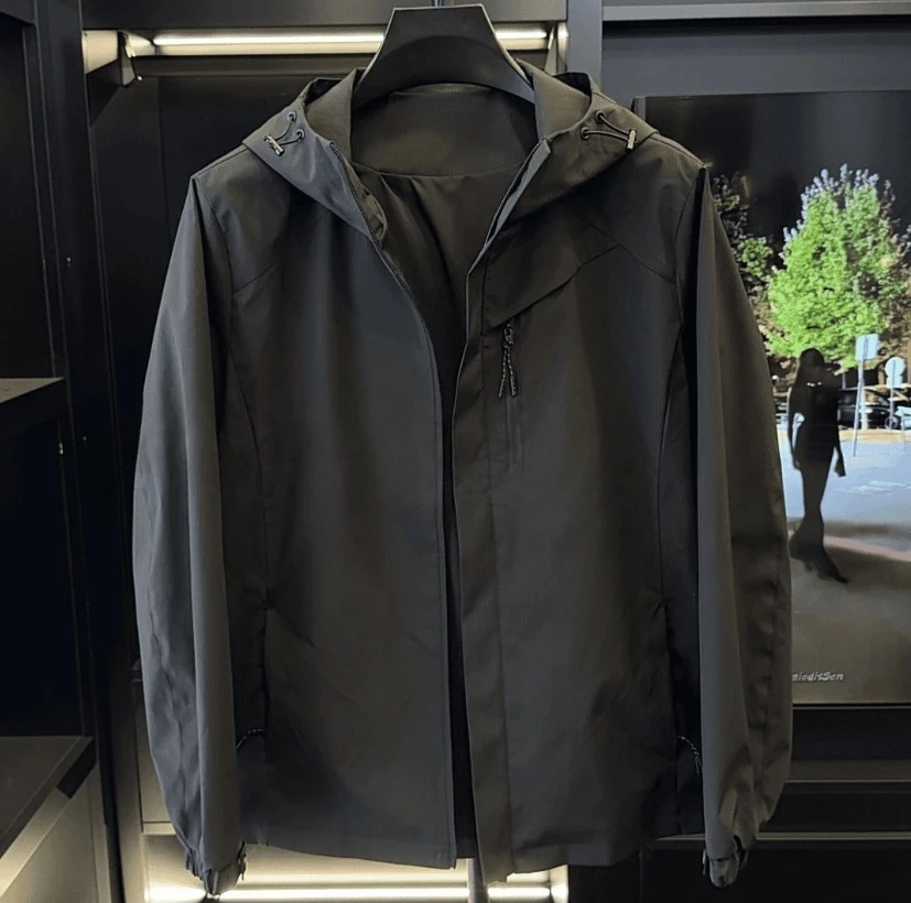 25334秋冬加棉男款连帽外套防风百搭冲锋衣时尚纯色户外款休闲