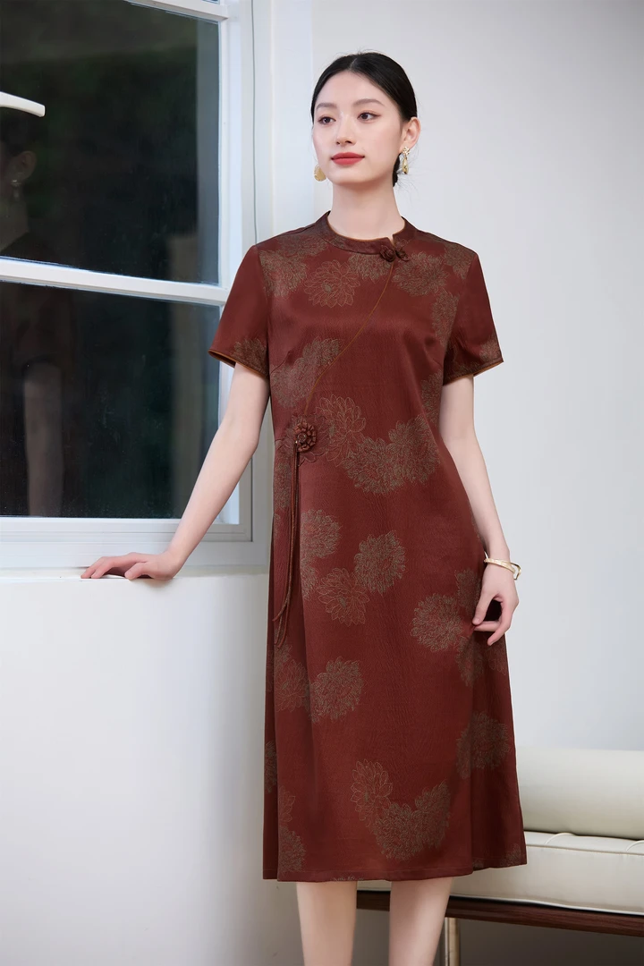 香云纱A字裙常规袖立领夏季中式风花色国风印花中长裙纯色连衣裙