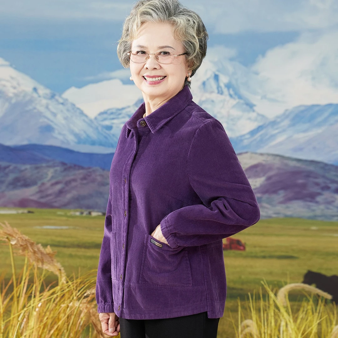 妈妈衬衫女长袖中老年100%纯棉条绒开衫薄款上衣宽松奶奶外套小衫