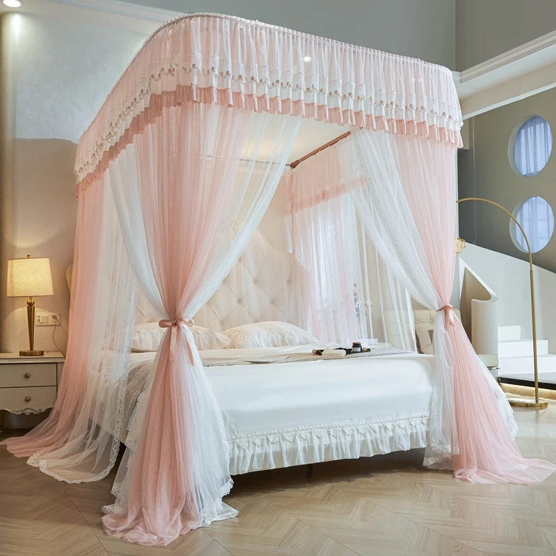 网红家用卧室伸缩公主风三开门加厚加粗双层落地式欧式导轨蚊帐梦