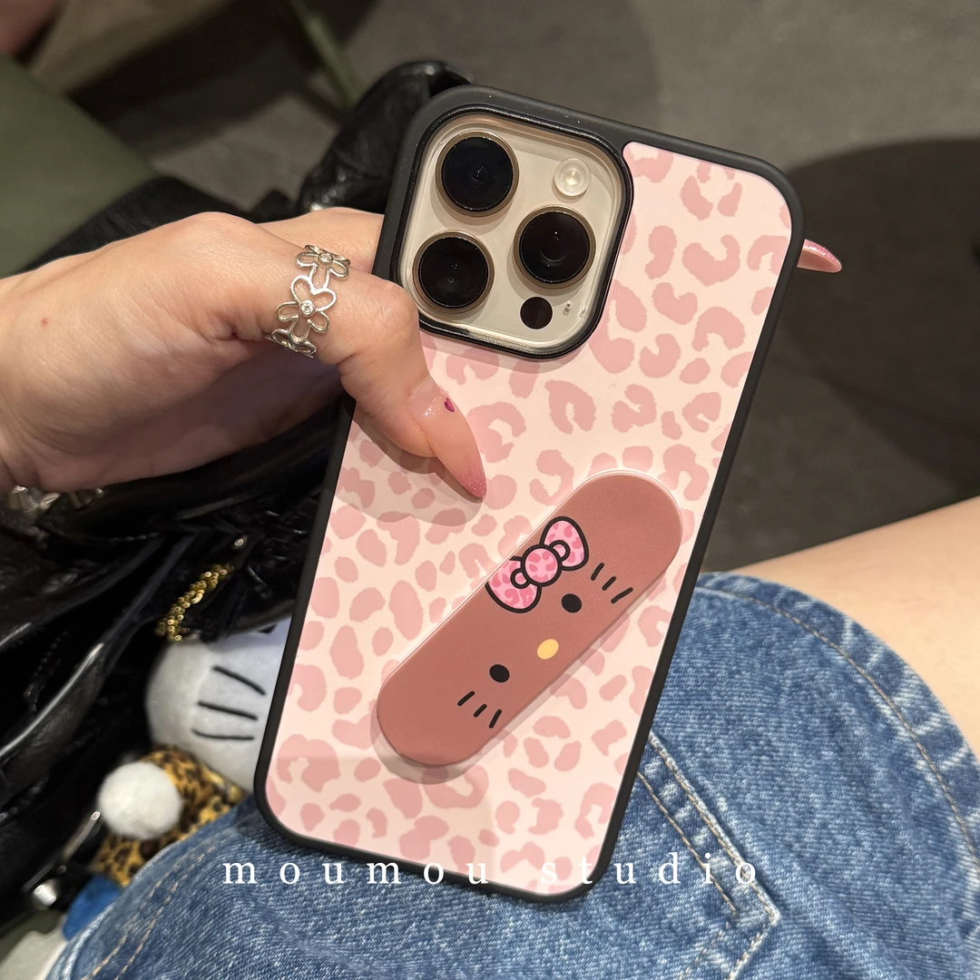 粉豹纹黑皮kt支架适用于苹果16promax手机壳15保护套14/13/12/11