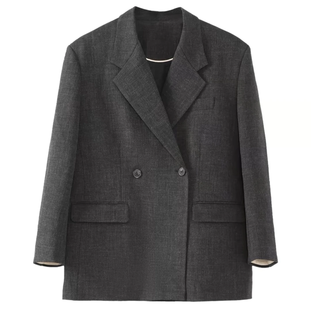 2025春夏休闲西装外套女装新款灰色宽松韩系上衣翻驳领西装外套