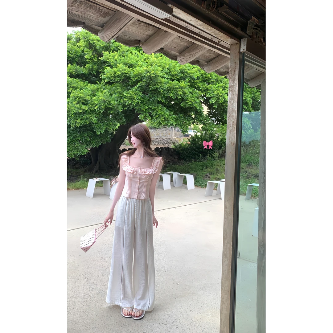 白水女盛夏馥芮白 肌理感拼接蕾丝花边休闲裤 B50651429