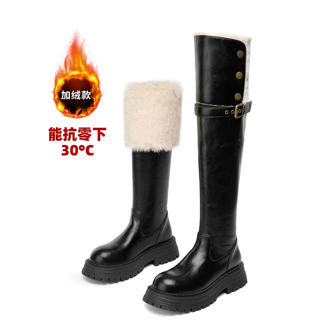 时装靴美拉德风靴子女鞋过膝加绒粗跟弹力厚底长筒A25391596