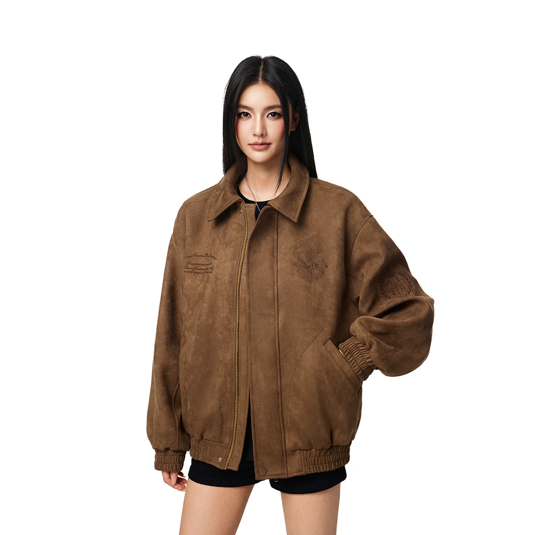 【Achock官方店】美拉德重磅复古仿麂皮刺绣情侣外套防风翻领夹克