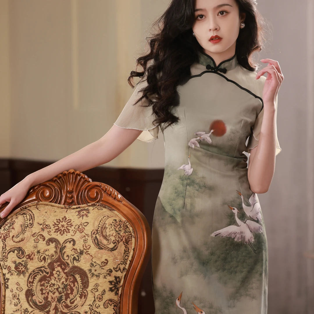 【2769 一行白鹭上青天 】显瘦气质修身优雅复古中国风旗袍