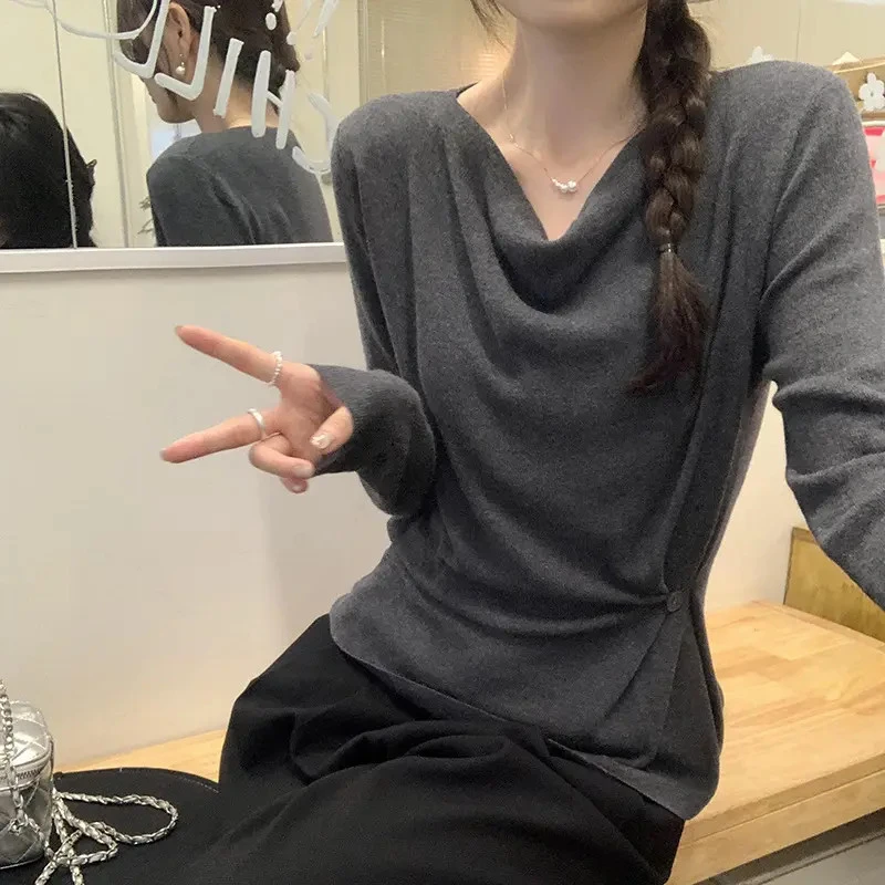 欧货现货荡领气质长袖内搭收腰打底针织衫女秋冬季法式设计感上衣
