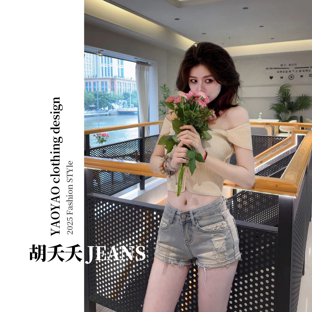 353夏季新款破洞蕾丝珍珠口袋设计感牛仔短裤纯欲风辣妹修身短裤