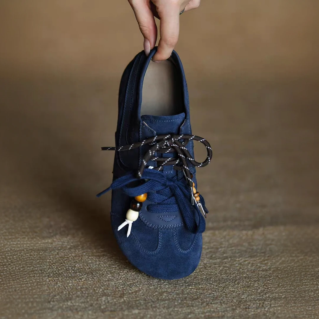 复古拼接圆头平底系带德训鞋女2025新款软底时尚休闲鞋子厚底女鞋