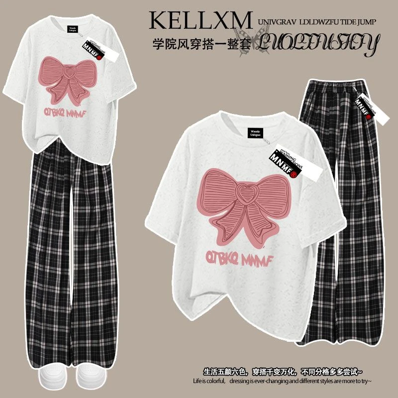 新款洋气甜美风蝴蝶结印花夏季女童套装纯棉扎染短袖T恤格子长裤
