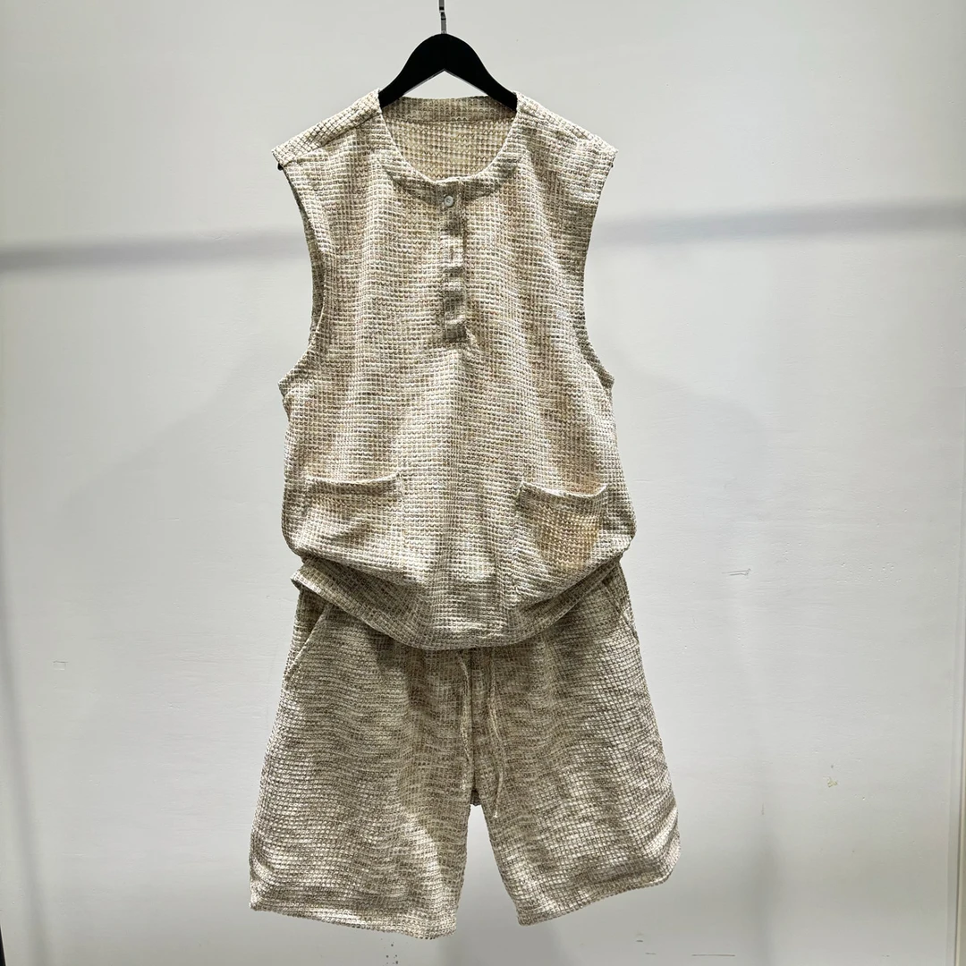 夏季时尚气质针织休闲背心短裤套装潮牌男士宽松百搭口袋无袖套装