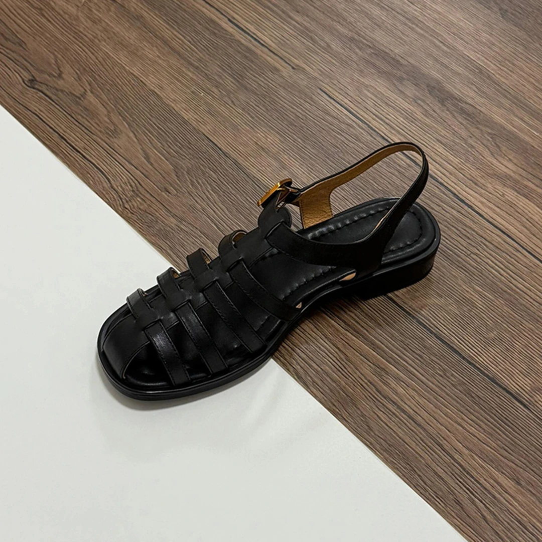 羊皮版~踩屎感复古文艺粗跟罗马凉鞋手工编织镂空罗马风凉鞋女