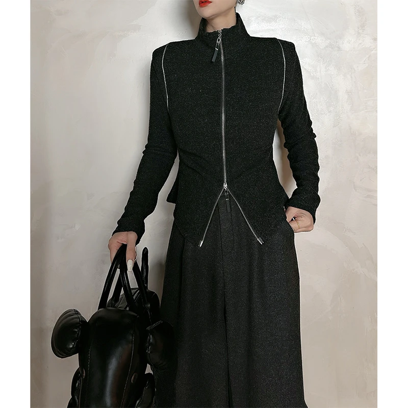 Dan Dan 黑色半高领针织衫女 2024年秋冬新款镂空袖口修身打底衫