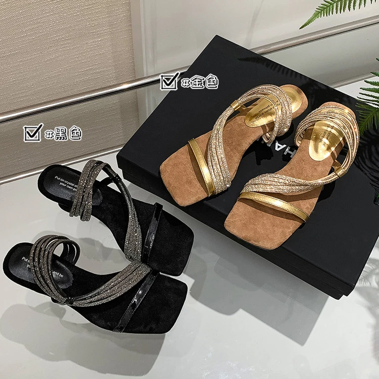 跟高5.5cm/34-39/2025年夏季新款闪闪水钻露趾高跟一字拖鞋女