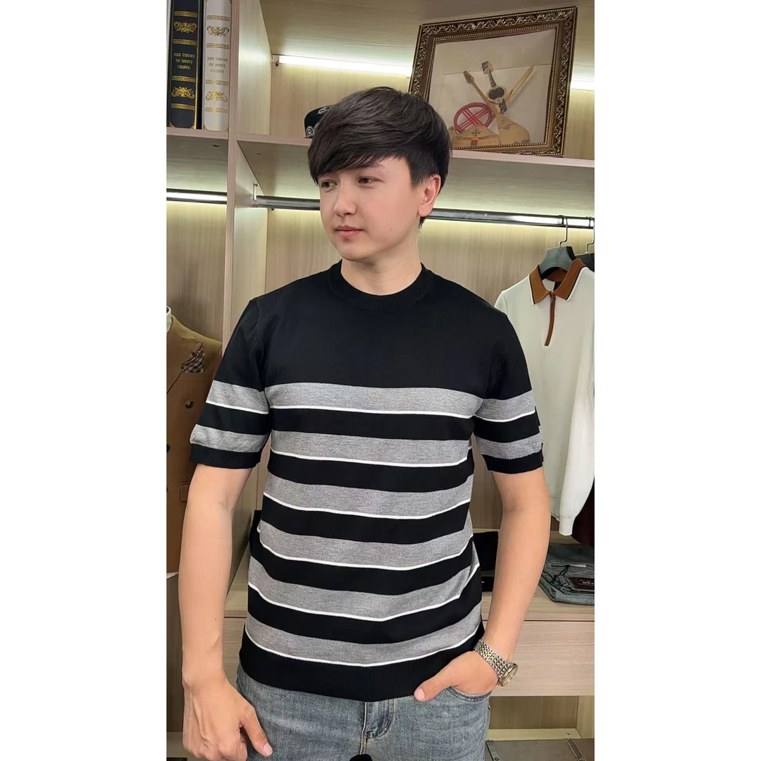 2025夏季百搭休闲短袖黑白条纹男士圆领针织高品质潮流T恤