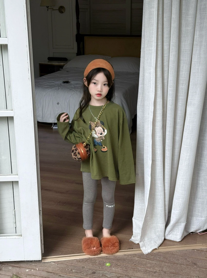 女童T恤2025秋季新款韩版卡通印花长袖T宽松版百搭上衣打底裤套装