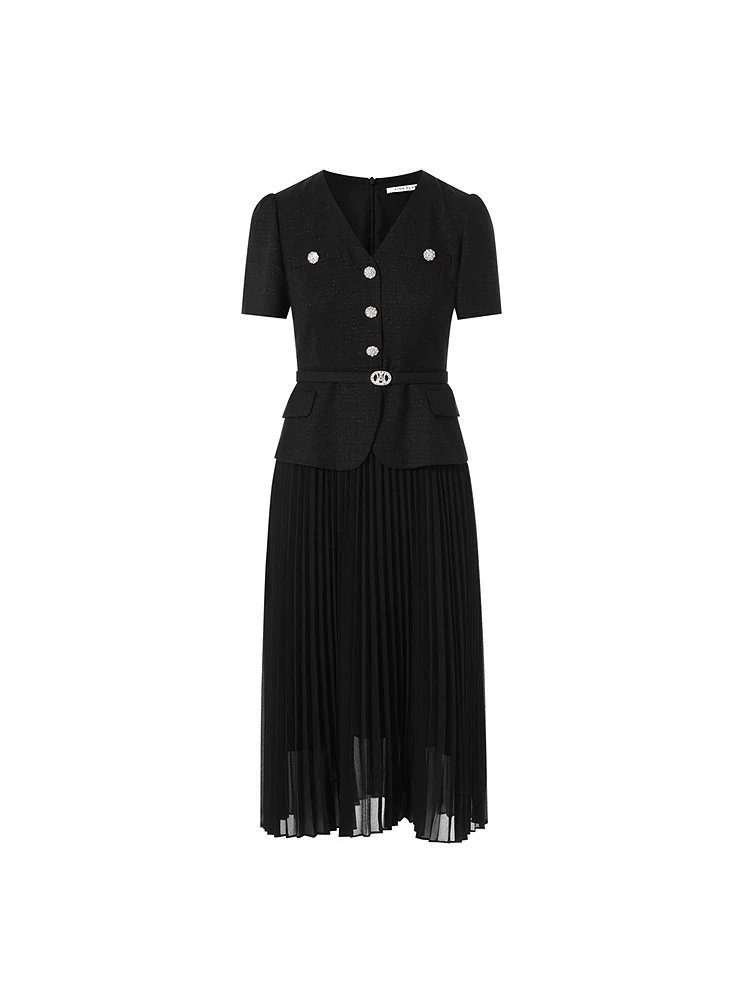 LAI Y-409夏季法式V领蕾丝短袖假两件百褶修身显瘦连衣裙