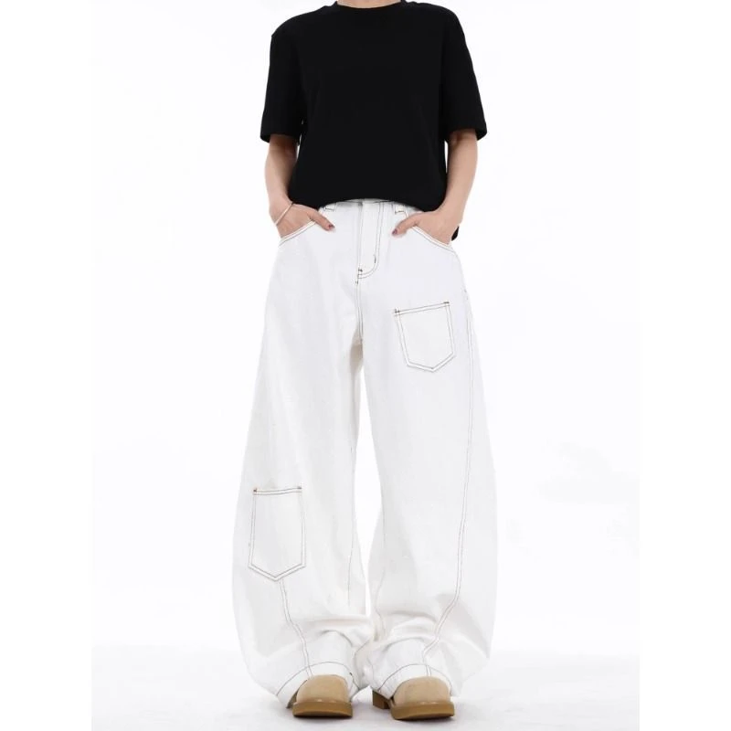 美式复古明线解构白色弯刀牛仔裤男女宽松休闲高级感阔腿裤长裤潮