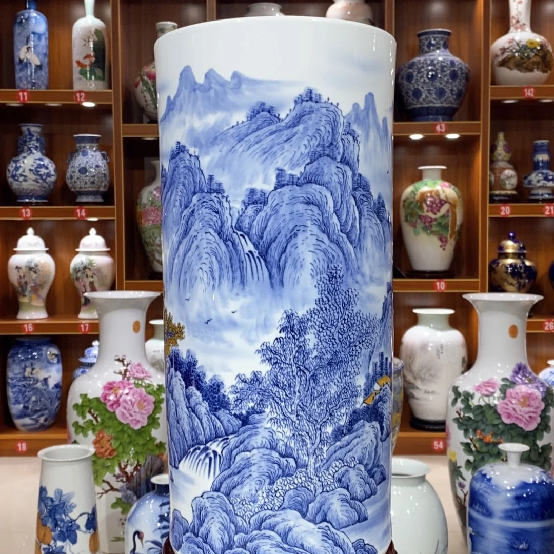 陶摆件纯手工手绘，青花山水