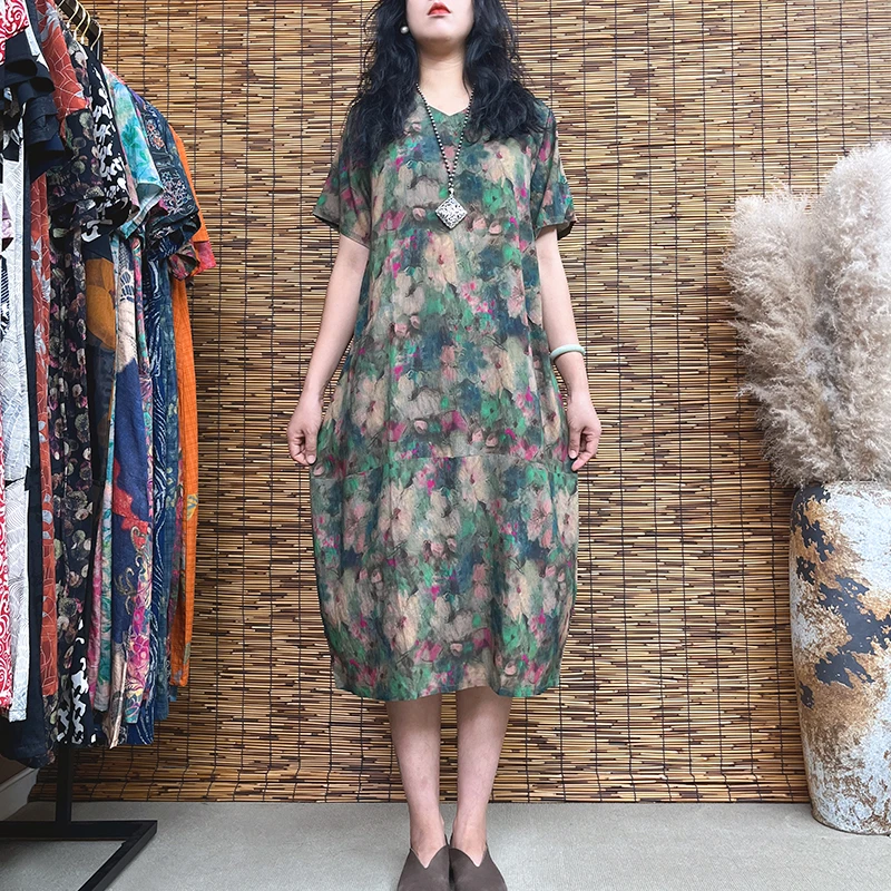 9876#夏季女装新A字版时尚显瘦复古文艺减龄茧型印花妈妈装连衣裙