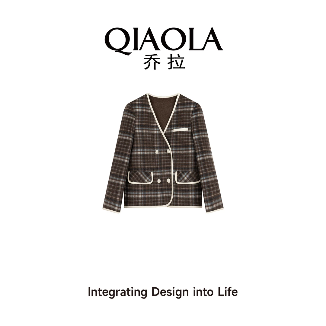 QIAOLA/乔拉【巴黎古堡】秋冬季双面绵羊毛呢格纹V领百搭短外套预售
