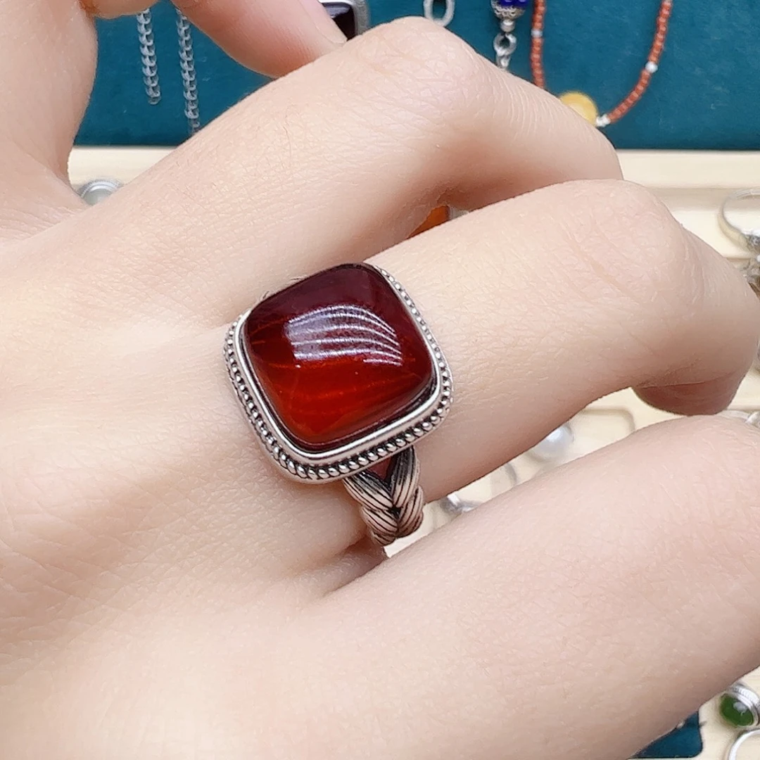 血珀戒指银S925镶嵌天然