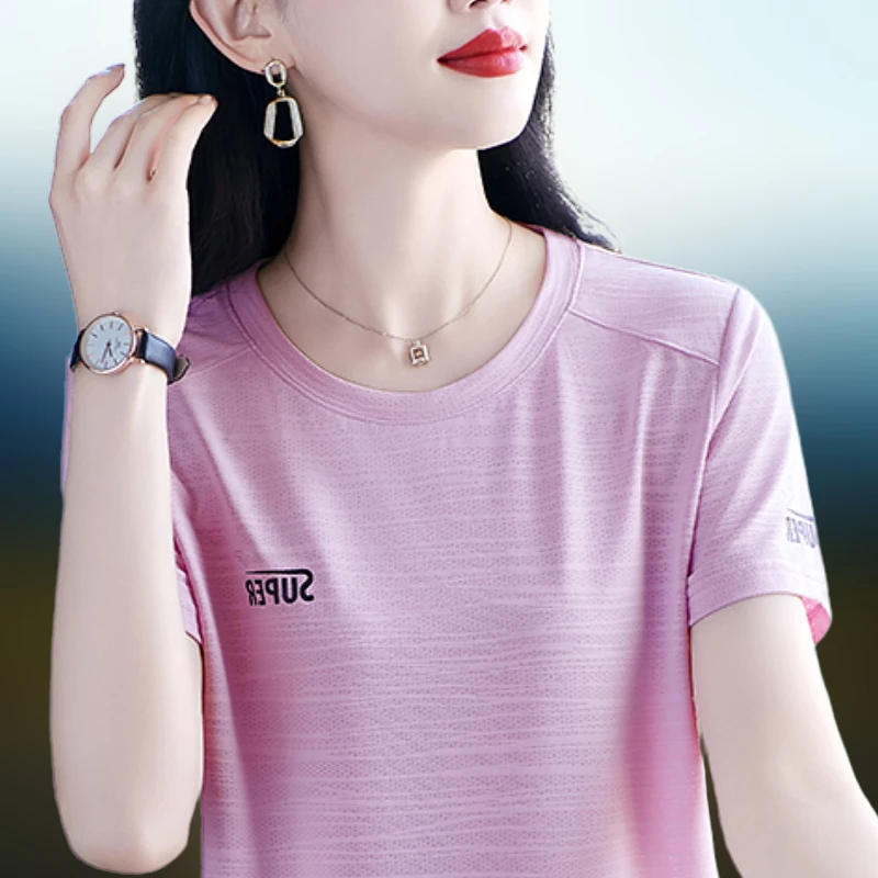 粉色时尚短袖运动上衣圆领透气宽松休闲中年女士T恤衫中老年显瘦