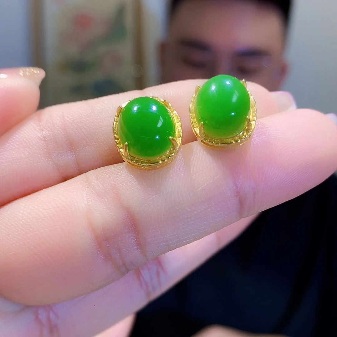 和田玉（碧玉）耳饰银S925镀金镶嵌