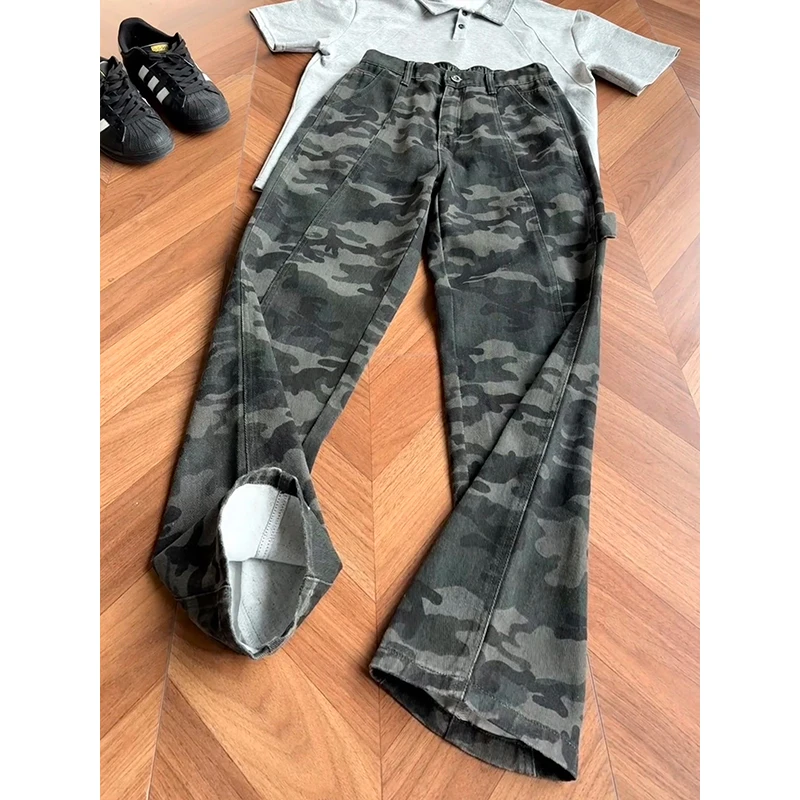 美式复古迷彩牛仔裤男款痞帅高级感伐木裤子提裆显腿长直筒微喇裤