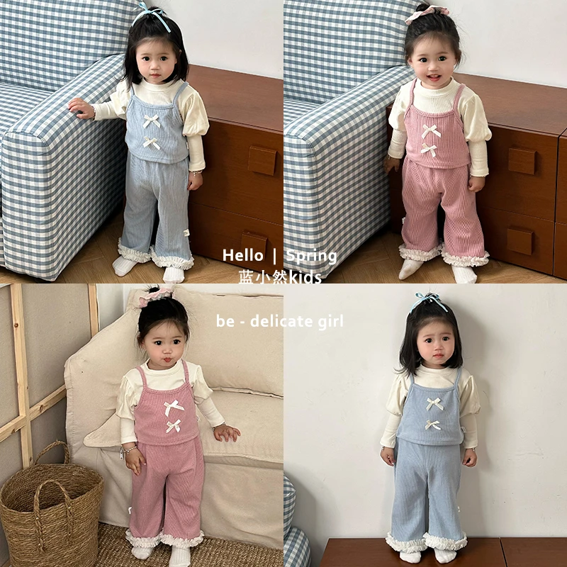 K25C127春款女童宝宝套装上衣马甲裤子三件套甜美洋气泡泡袖