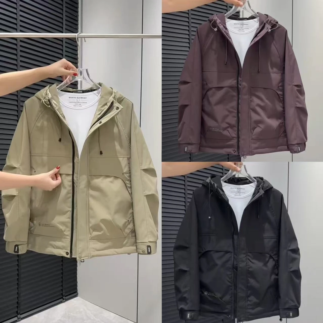 连帽气绒冲锋衣秋季薄外套纯色简约大口袋防风男士休闲外套