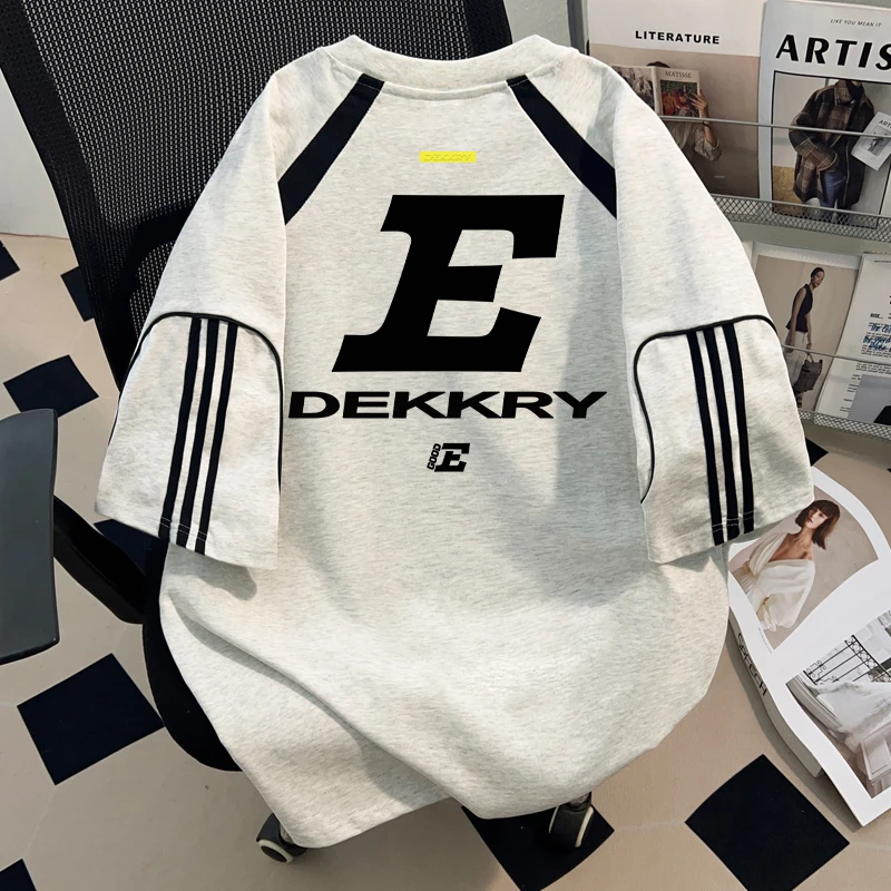 jtrt美式休闲字母印花三条杠短袖T恤男女夏季宽松纯棉拼色上衣潮