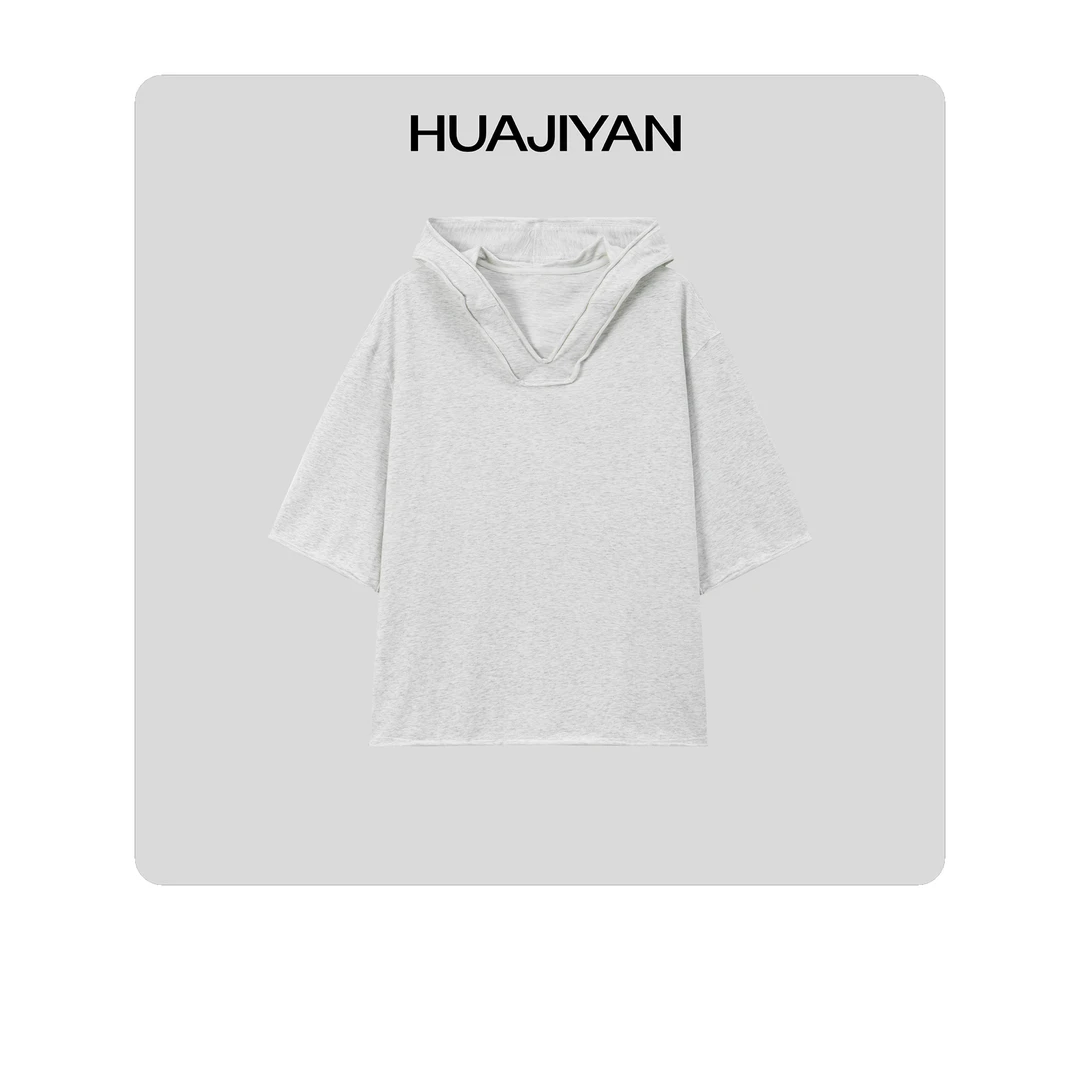 华吉言/HUAJIYAN【领航者】定制面料卷边V领休闲连帽短袖