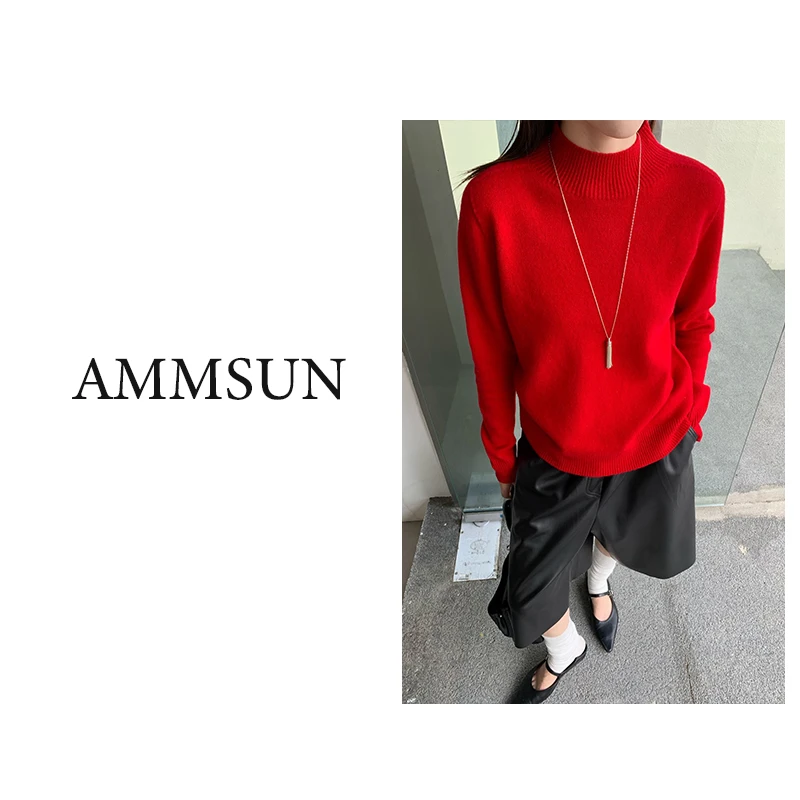 新年100%羊毛半高领无缝针织衫冬季女士显瘦针织百搭时尚上衣