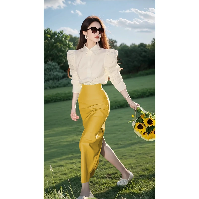 2025春季时尚今年新款高级感小香风独特漂亮衬衫黄色半身裙套装女