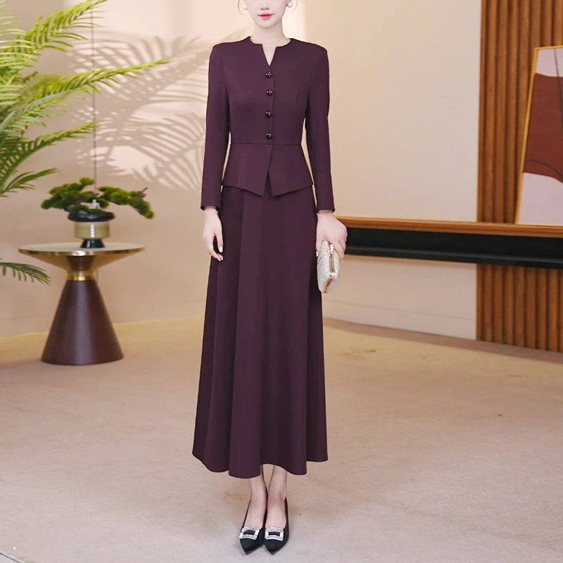 波尔多红大摆连衣裙2025秋季时尚修身收腰显瘦气质长裙2591