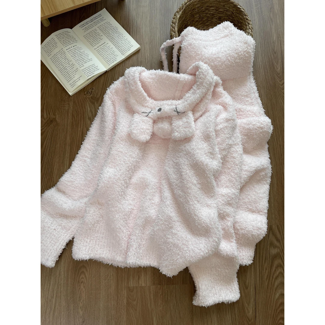 粉色兔耳朵连帽开衫针织半边绒睡衣女秋冬加厚保暖长裤家居服套装