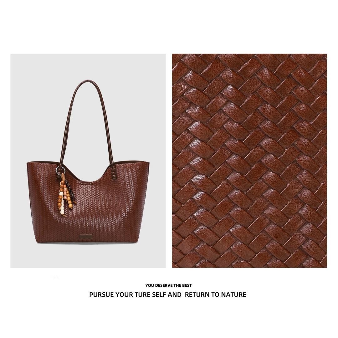 Discoverrevive新款时尚单肩包欧美编织小众单肩托特包85078棕色