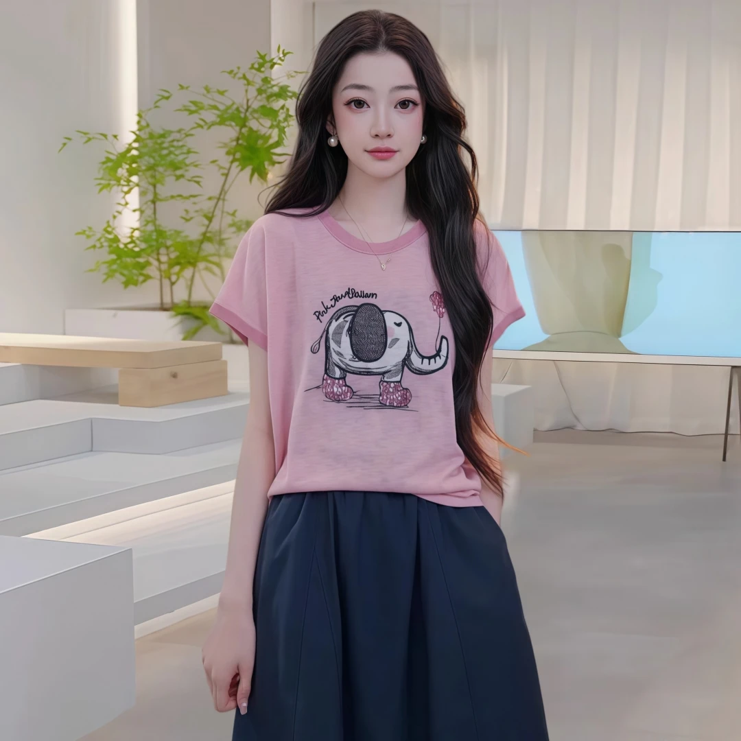 设计感减龄小象图案针织短袖t恤女2025夏季新款显瘦休闲百搭上衣