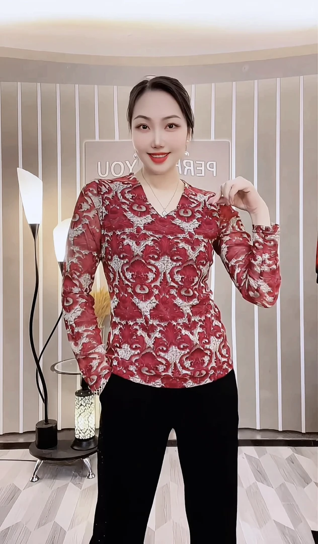 【新品】2024秋冬百搭韩版上衣时尚气质V领长袖女士打底小衫76430