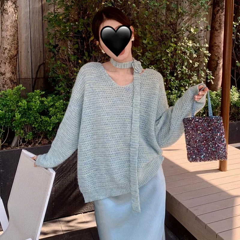 韩系慵懒感氛围V领针织毛衣女2025年春季新款宽松设计感气质上衣