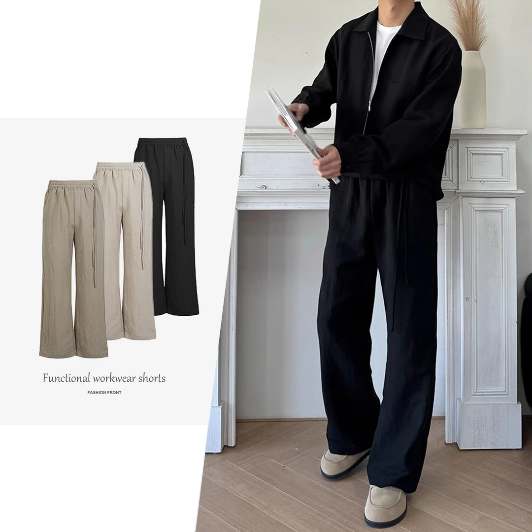 夏季亚麻砂洗A字微喇休闲裤皱感肌理飘带抽绳宽松通勤ins轻薄西裤