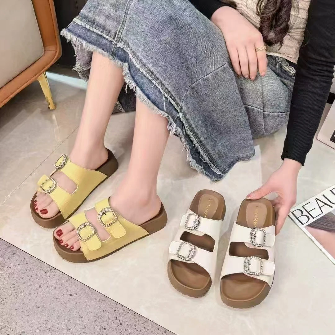 厚底夏季圆头日常纯色水钻一字拖女鞋防滑网红舒适凉托