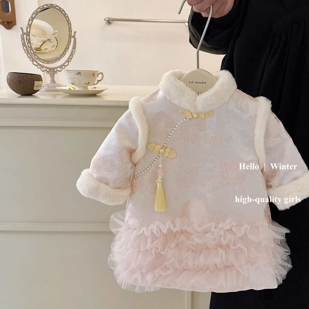 唐装加厚拜年服女童汉服秋冬儿童周岁礼服宝宝喜庆过年衣服中国风