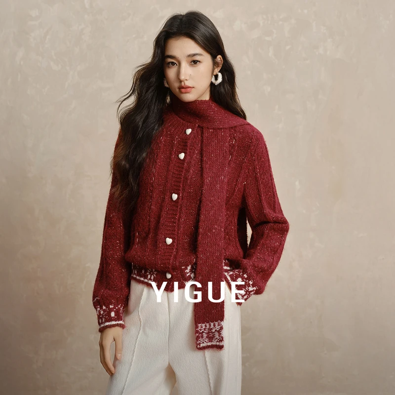 [达人专属]亦谷围巾款红色针织衫复古提花氛围感毛衣G6CAM004